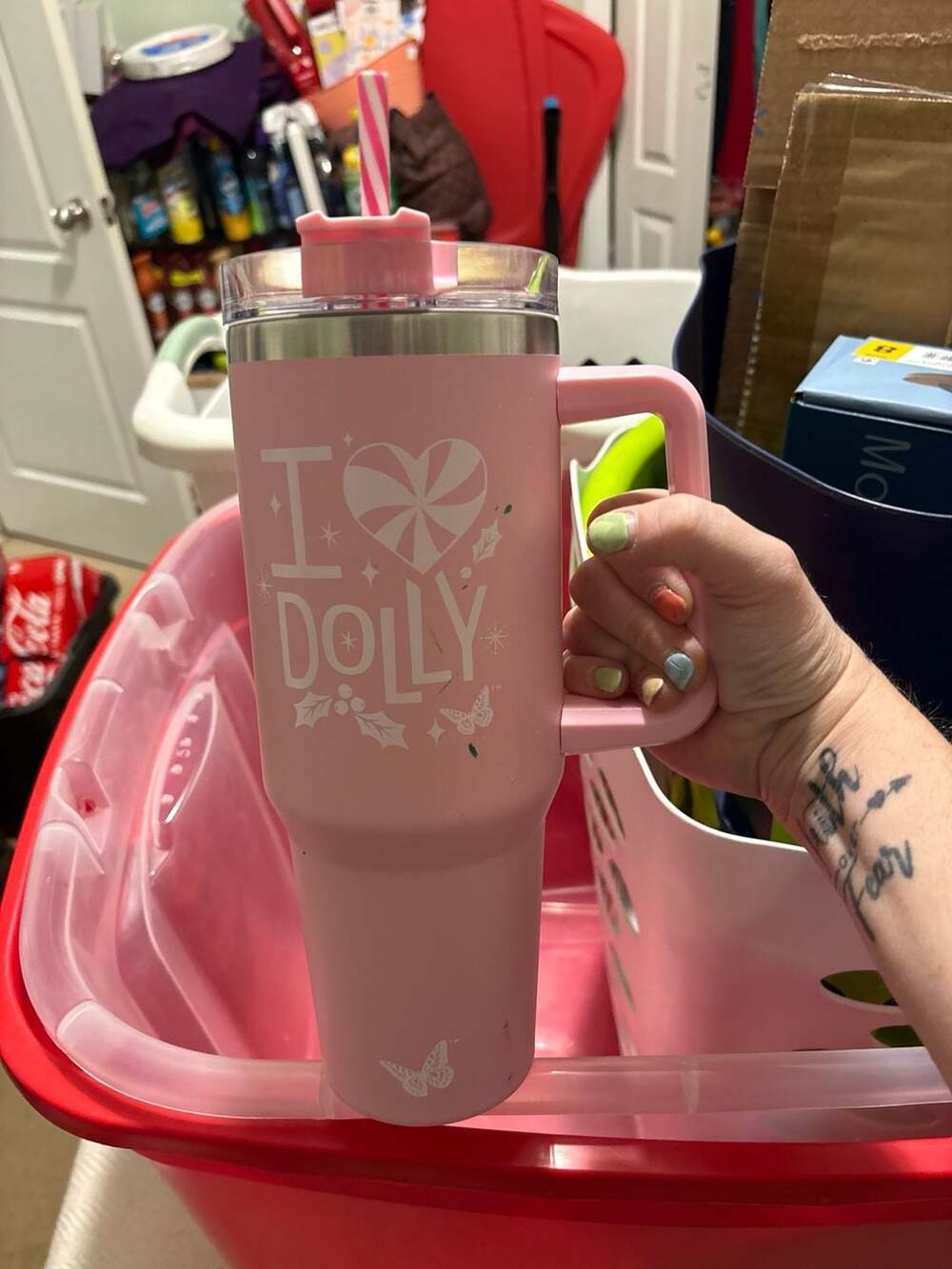 I Love Dolly 40oz Pink Christmas Peppermint Tumbler with Handle and Straw